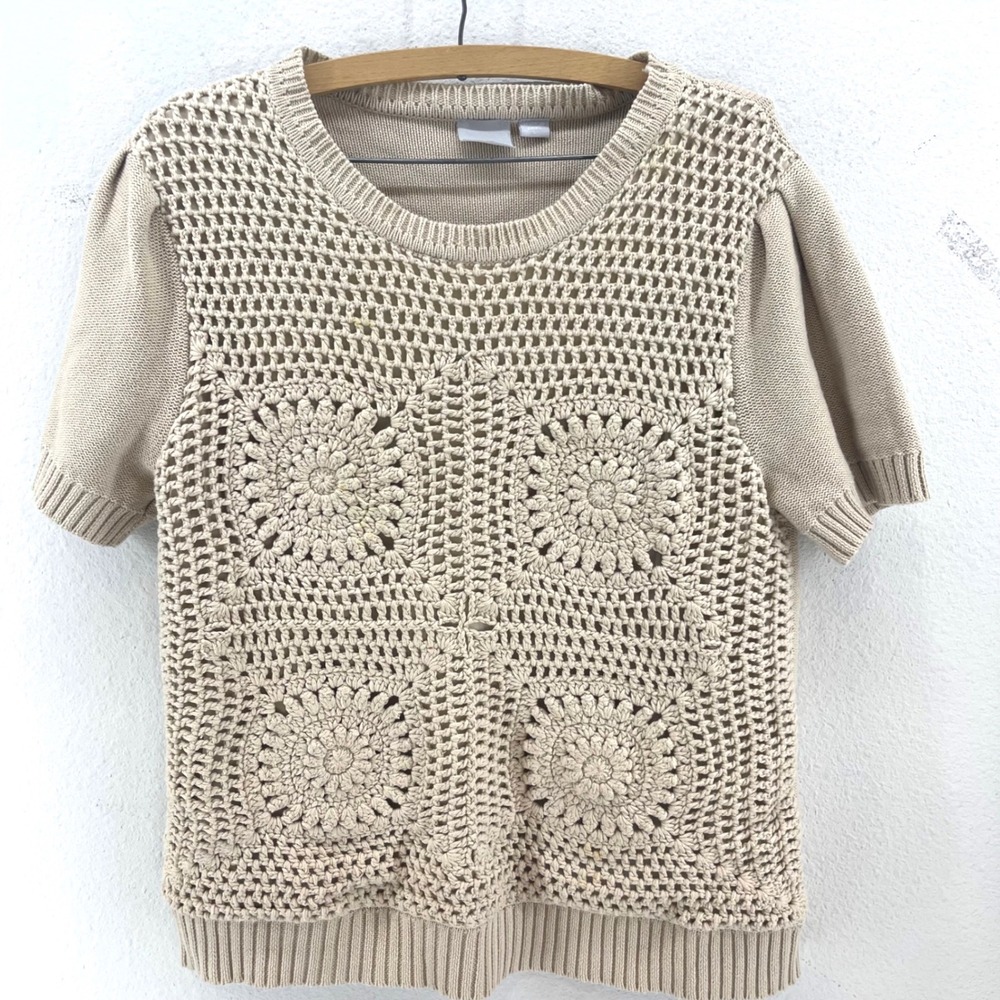 Crochet Knit Top Beige Boho Coastal Cottagecore Sheer Layering Puff Sleeve L